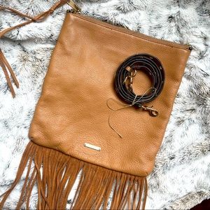 New Rebecca Minkoff Adjustable Tan Leather Crossbody with fringe & strap detail